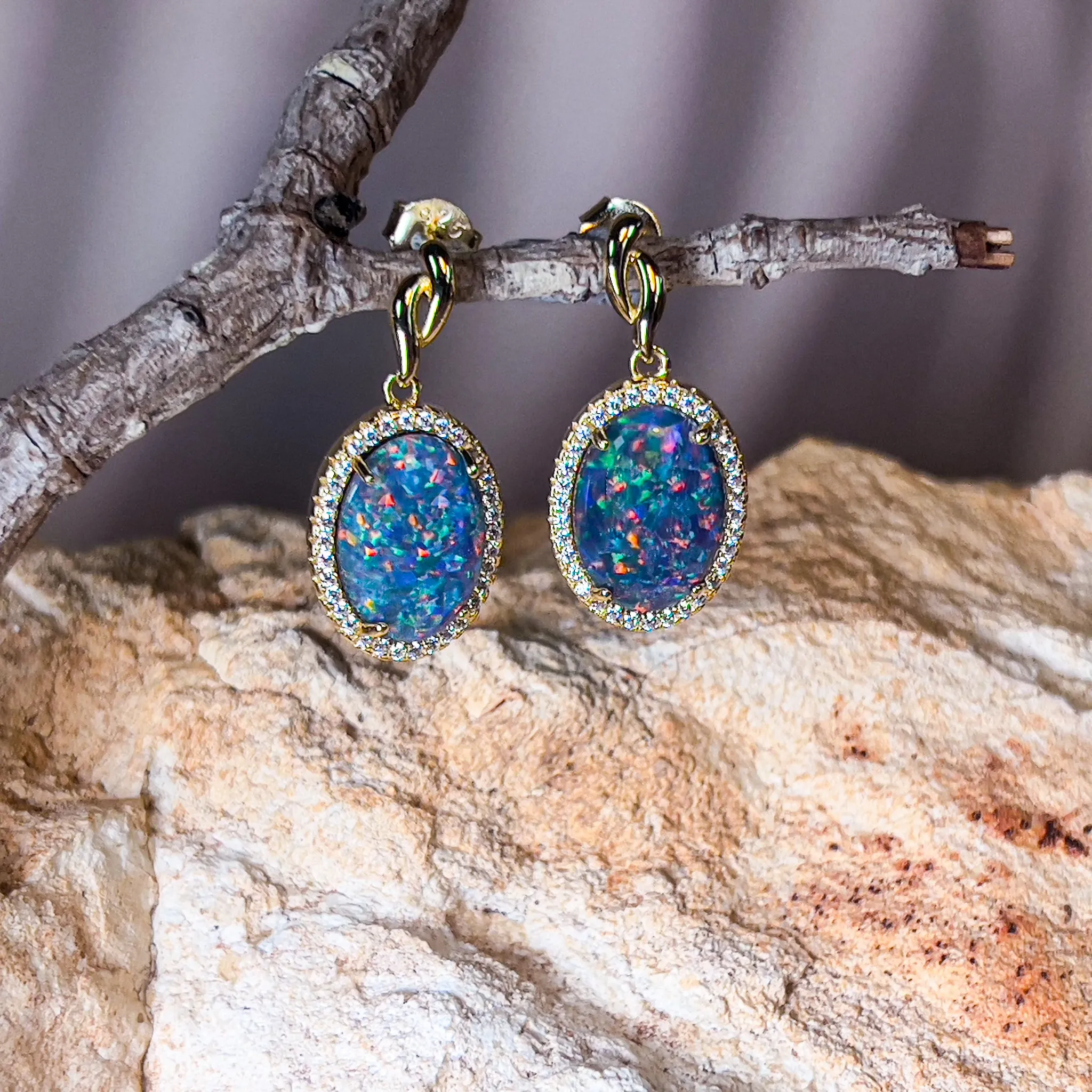 Gold Plated Sterling Silver 14x10mm Opal triplet dangling Halo earrings