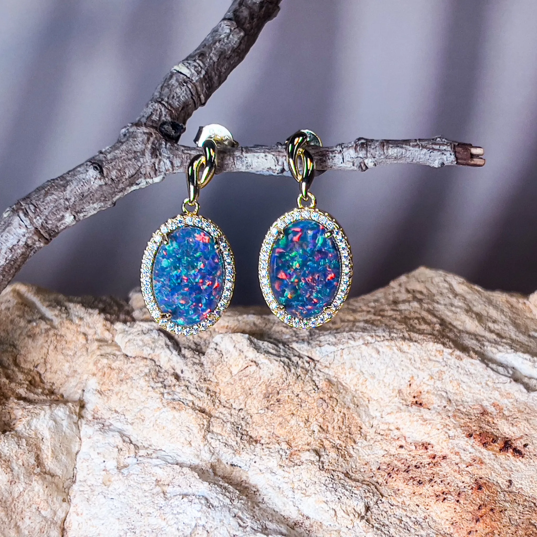 Gold Plated Sterling Silver 14x10mm Opal triplet dangling Halo earrings