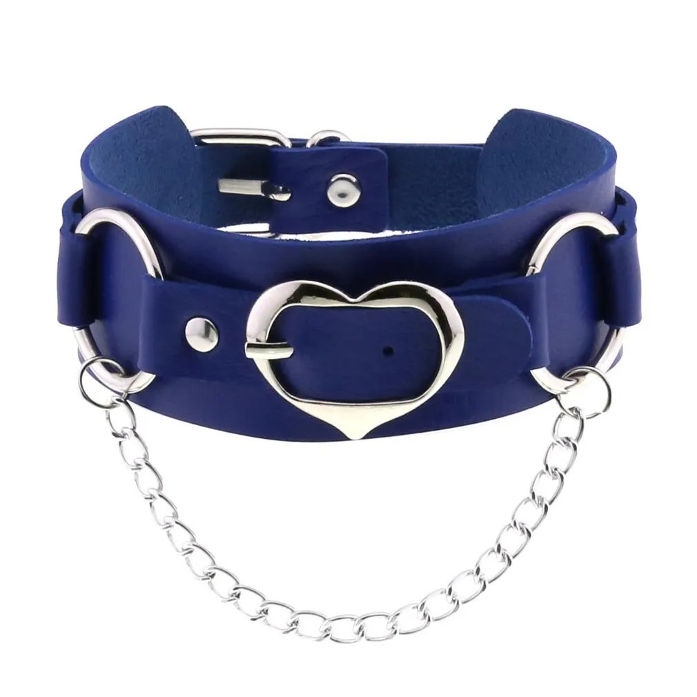 Goth Leather Heart Choker with Chain / Punk Adjustable Collar For Girl / Jewelry Accessories