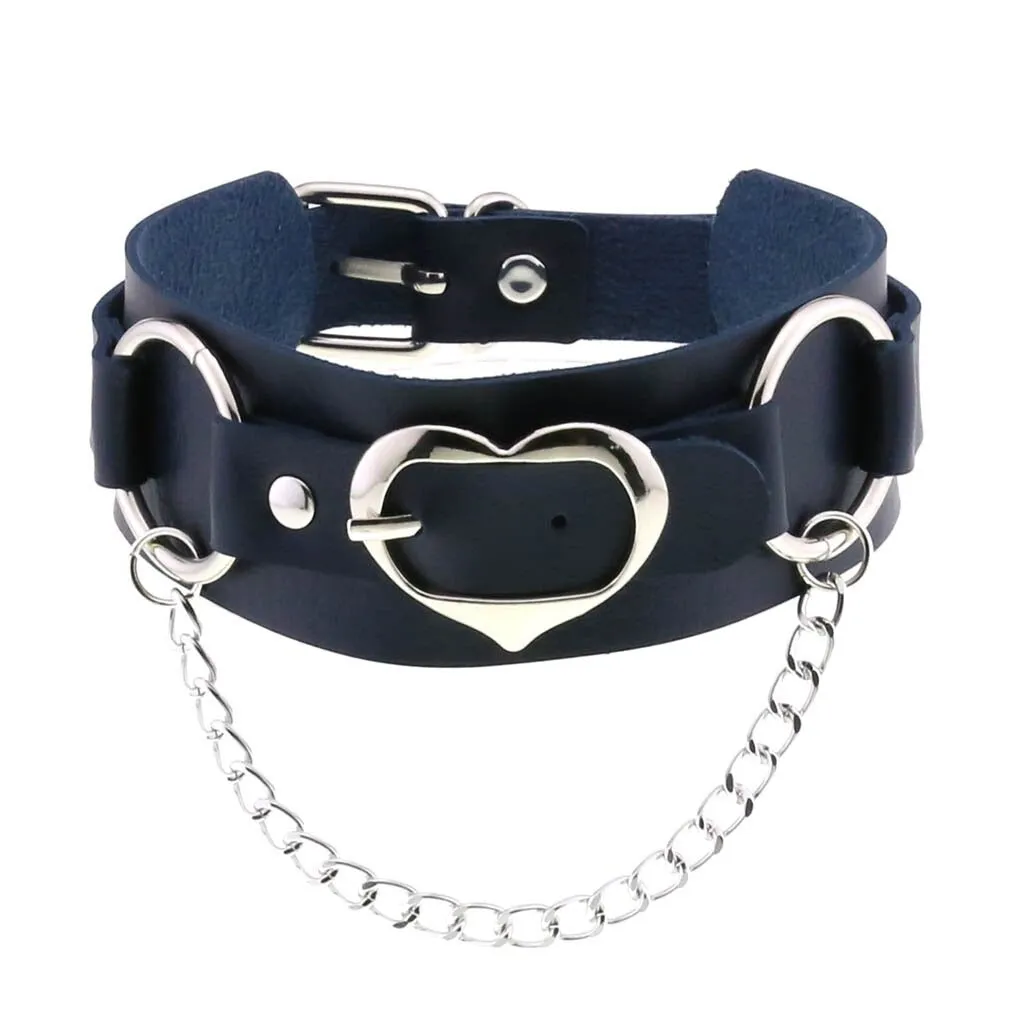 Goth Leather Heart Choker with Chain / Punk Adjustable Collar For Girl / Jewelry Accessories