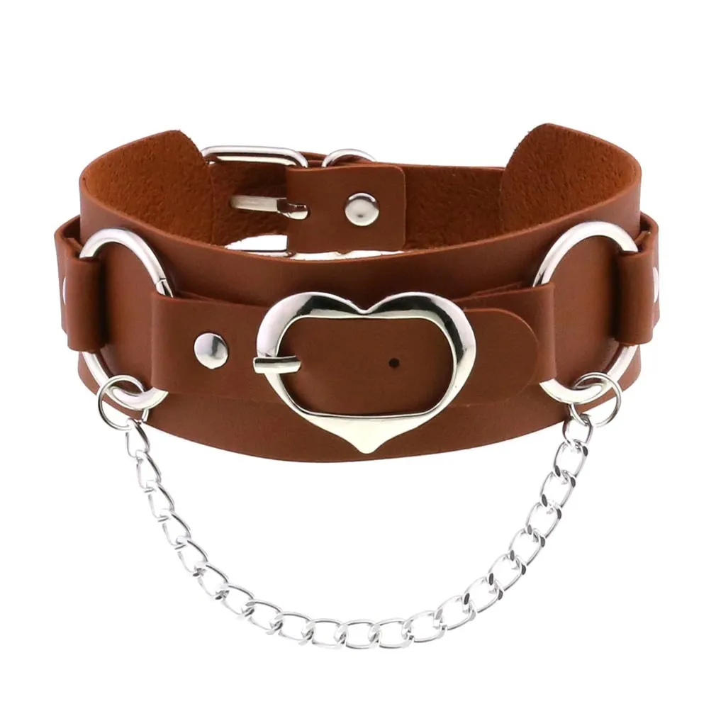 Goth Leather Heart Choker with Chain / Punk Adjustable Collar For Girl / Jewelry Accessories