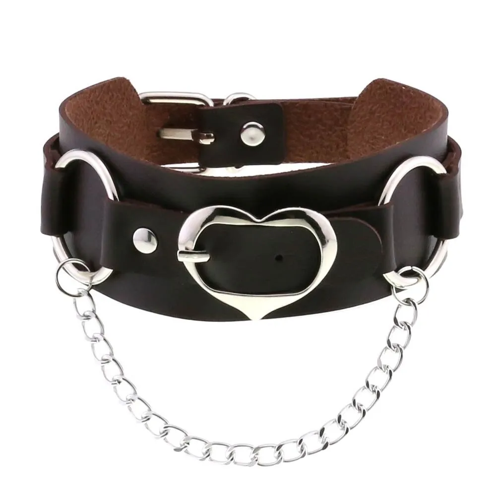 Goth Leather Heart Choker with Chain / Punk Adjustable Collar For Girl / Jewelry Accessories