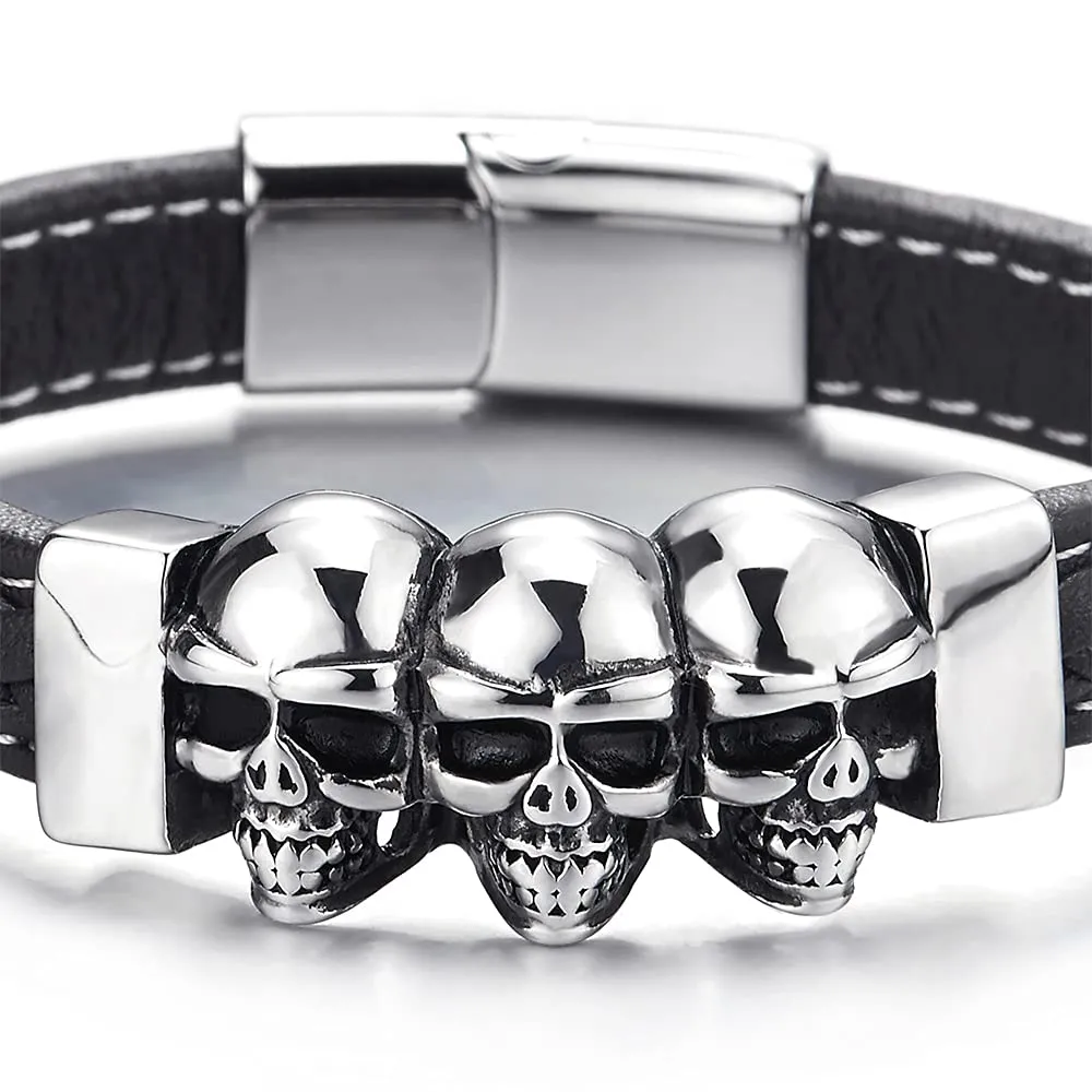 Gothic Style Mens Black Genuine Braided Leather Bracelet with Three Vintage Steel Skulls Polished