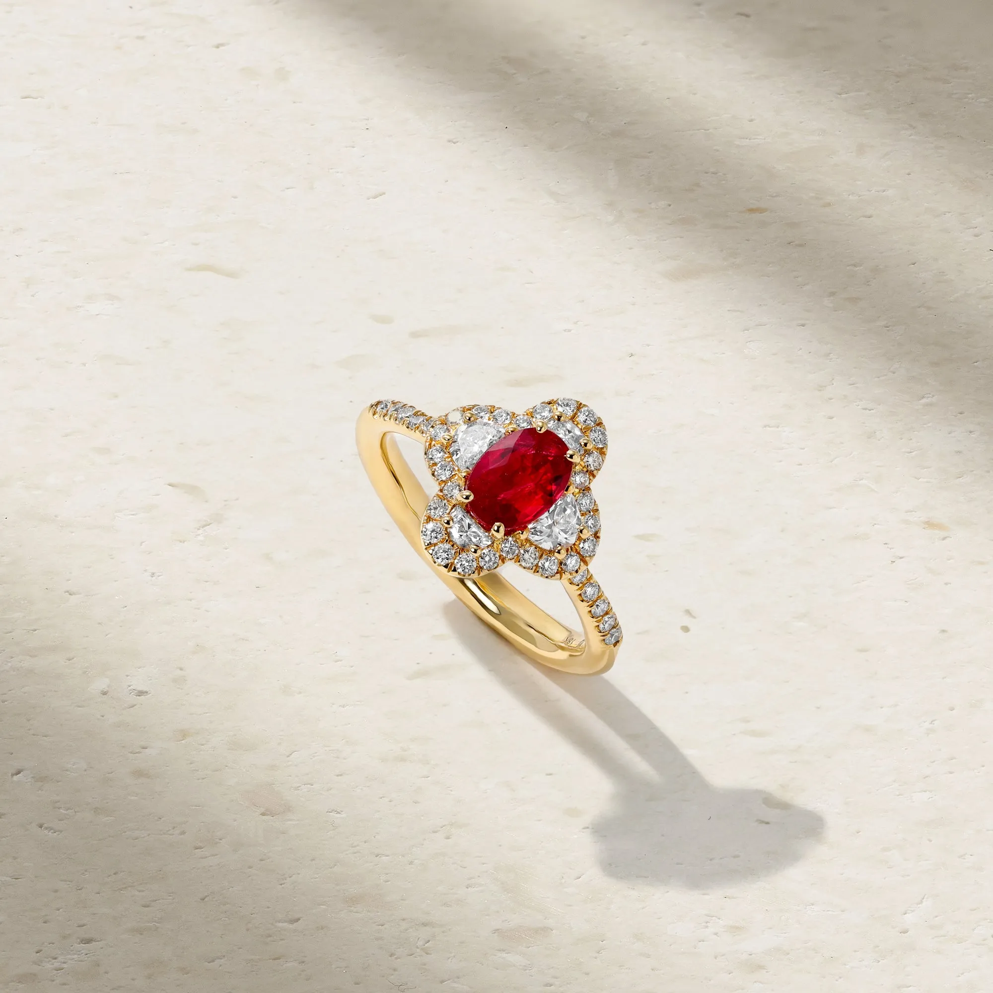 Half Moon Clover Ruby and Diamond Ring