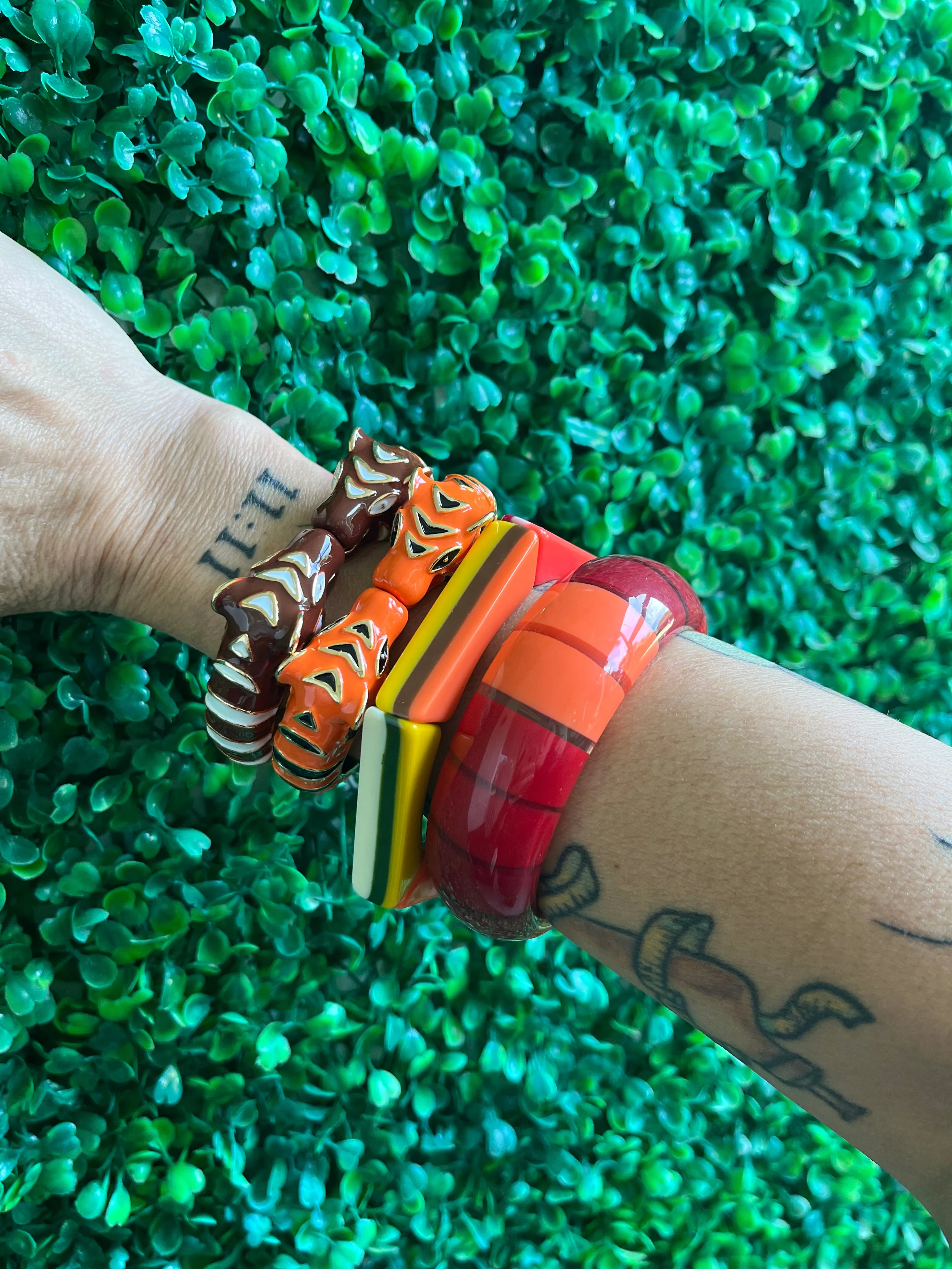 Handmade Enameled Colorful Statement Leopard Orange and Black/ Gold Double head Tiger Bangle Cuff Bracelet