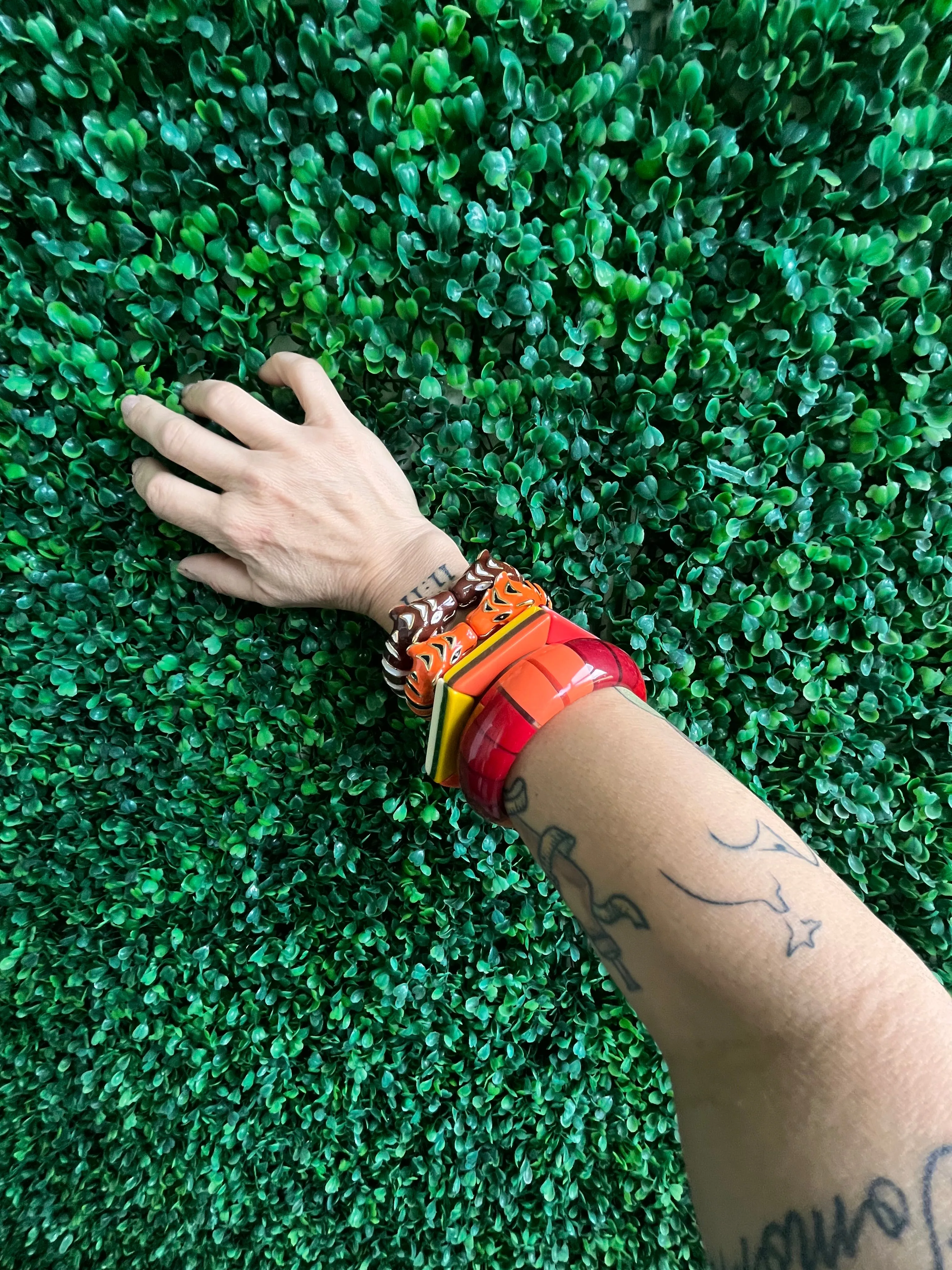 Handmade Enameled Colorful Statement Leopard Orange and Black/ Gold Double head Tiger Bangle Cuff Bracelet