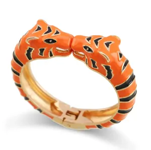 Handmade Enameled Colorful Statement Leopard Orange and Black/ Gold Double head Tiger Bangle Cuff Bracelet