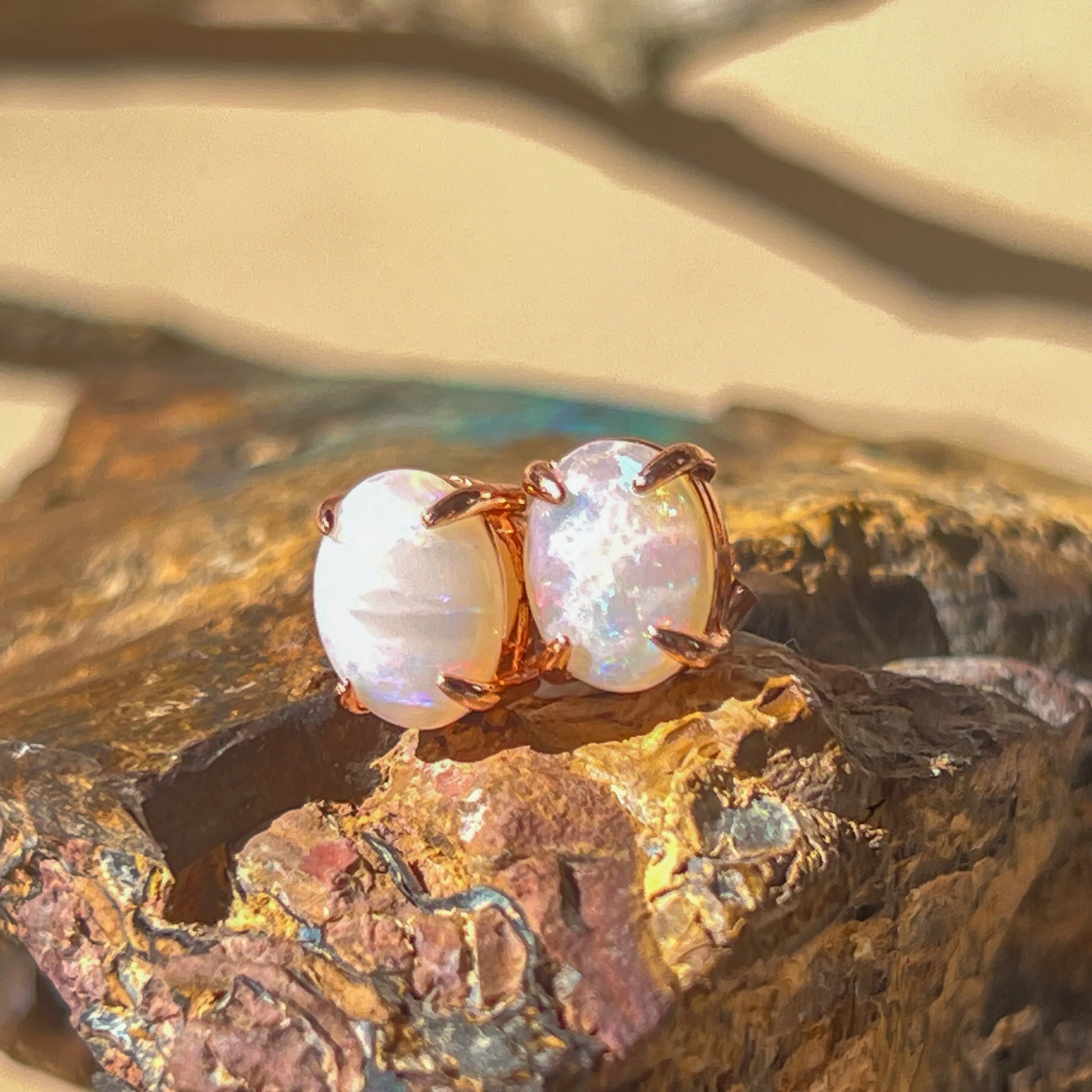 Handmade Opal Stud Earrings - Rose Gold/Silver | Dainty & Minimalist | Cute Gift for Her | Crystal & Fire Opal Jewelry 9x7mm