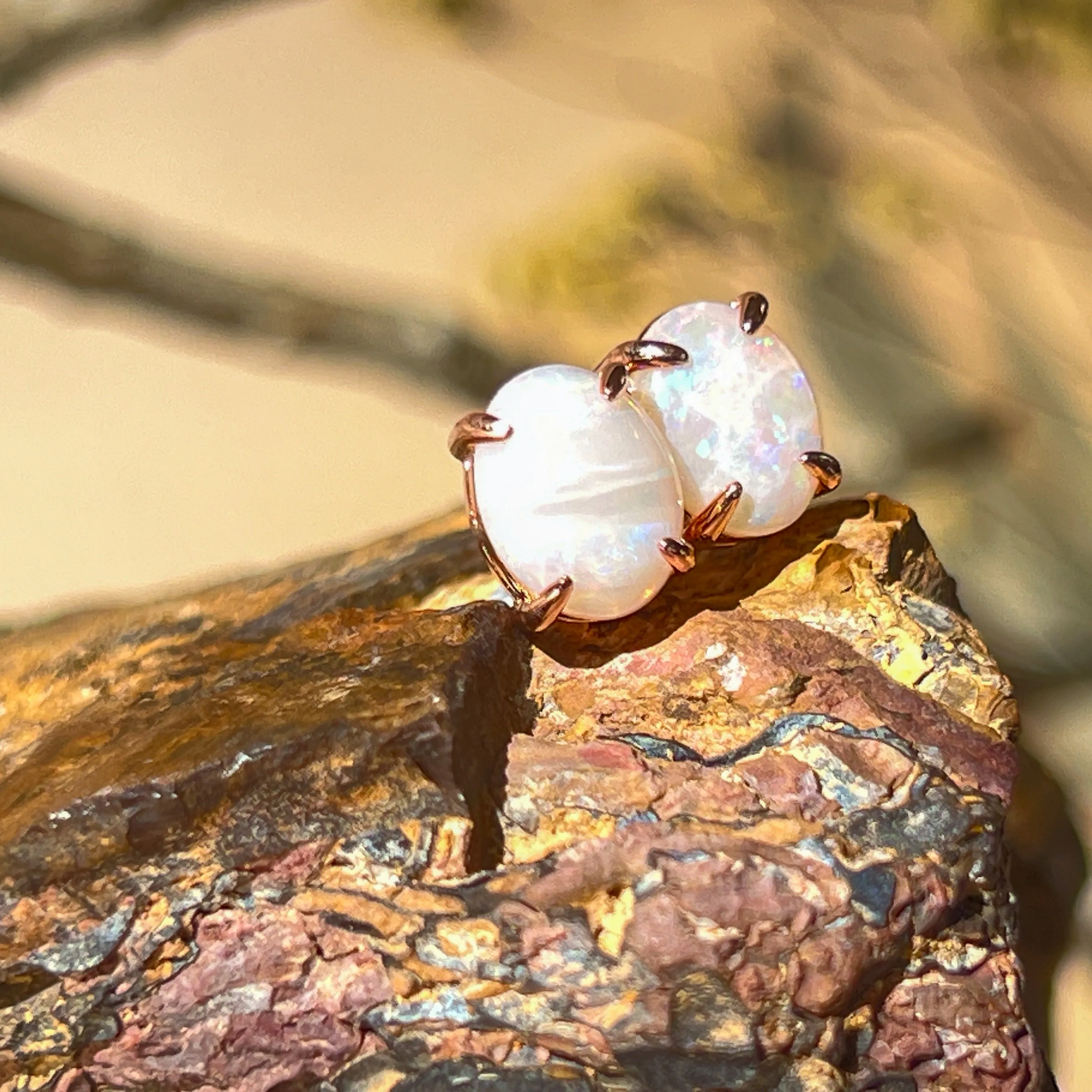 Handmade Opal Stud Earrings - Rose Gold/Silver | Dainty & Minimalist | Cute Gift for Her | Crystal & Fire Opal Jewelry 9x7mm