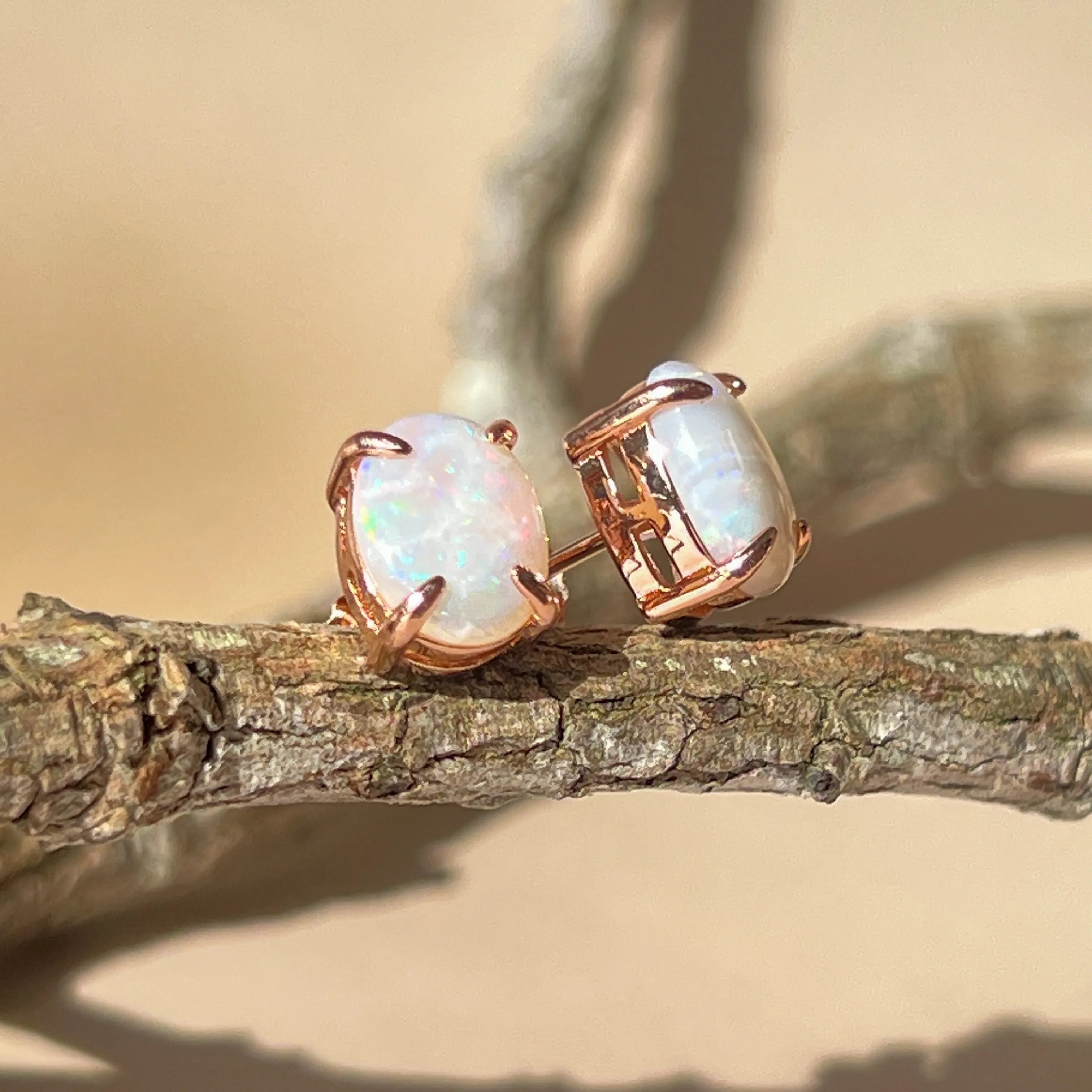 Handmade Opal Stud Earrings - Rose Gold/Silver | Dainty & Minimalist | Cute Gift for Her | Crystal & Fire Opal Jewelry 9x7mm