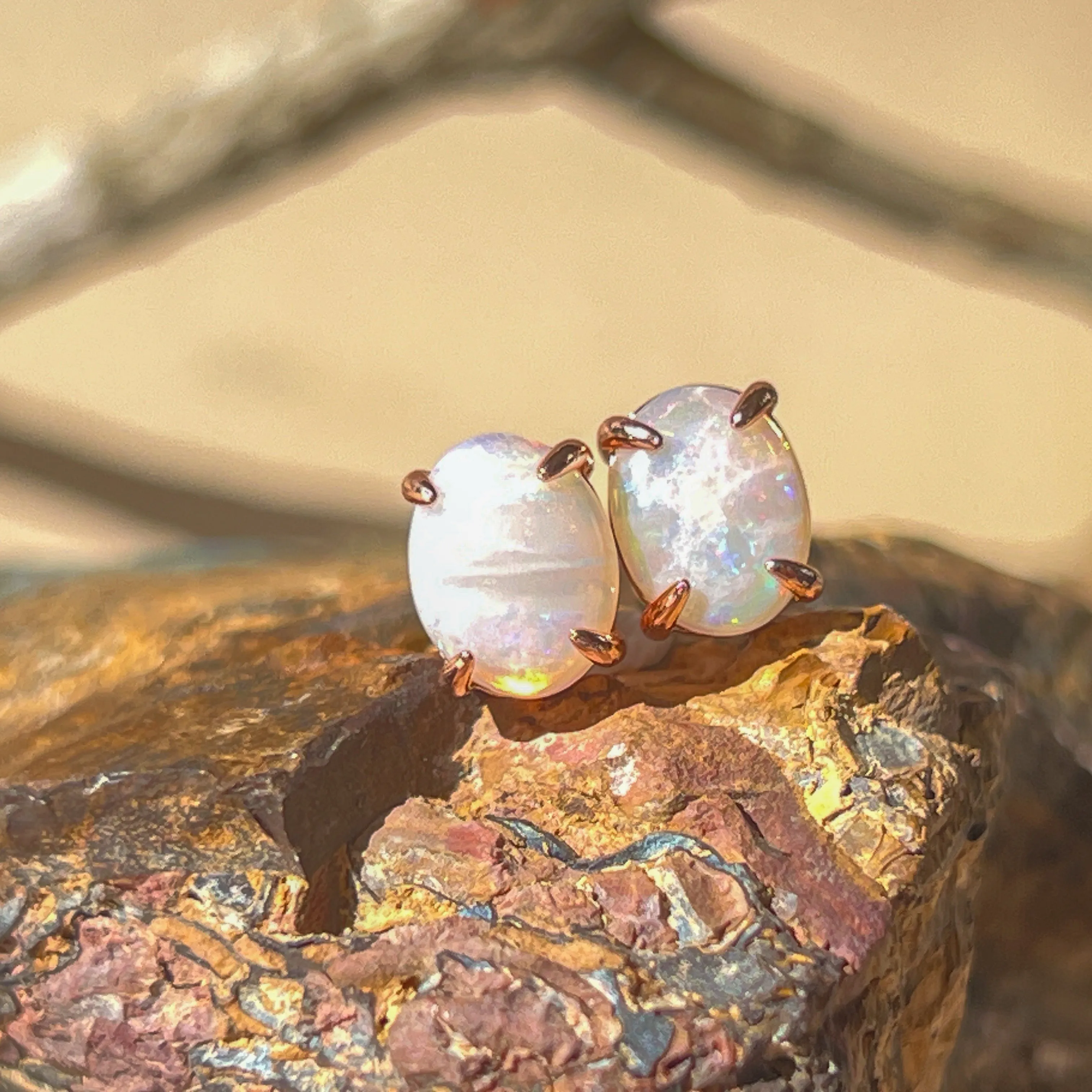 Handmade Opal Stud Earrings - Rose Gold/Silver | Dainty & Minimalist | Cute Gift for Her | Crystal & Fire Opal Jewelry 9x7mm