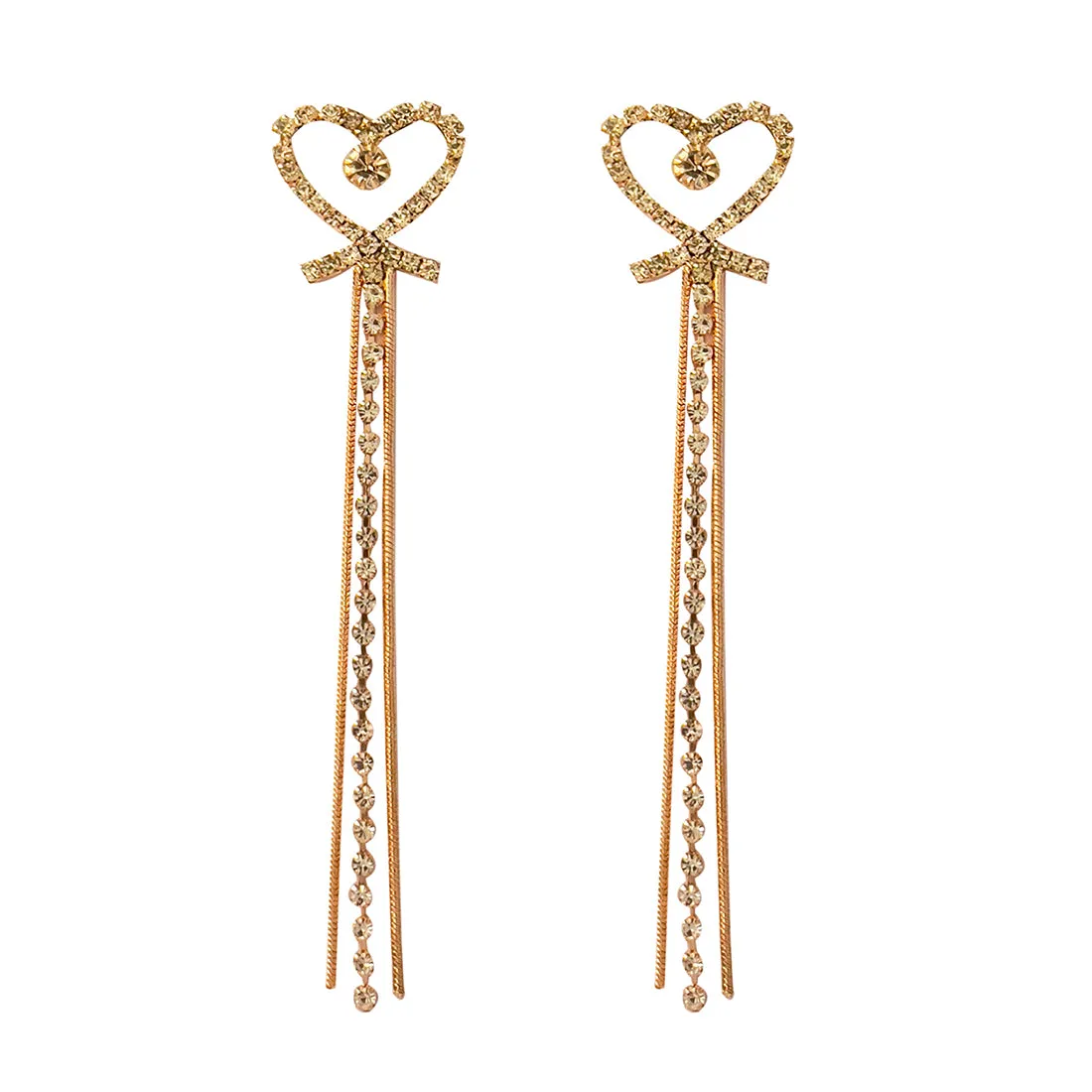 Heart White Diamante Crystal Studded Rose Gold-Toned Long Tassel Drop Earrings