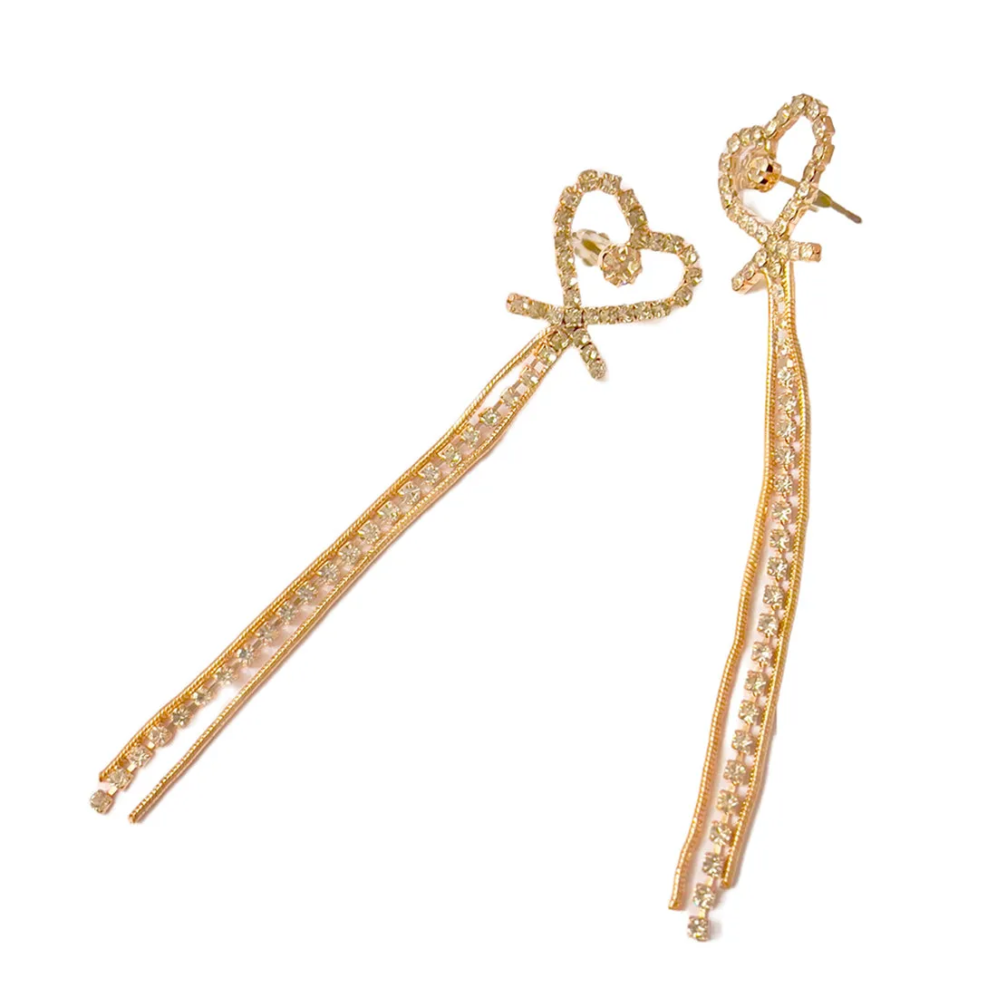 Heart White Diamante Crystal Studded Rose Gold-Toned Long Tassel Drop Earrings