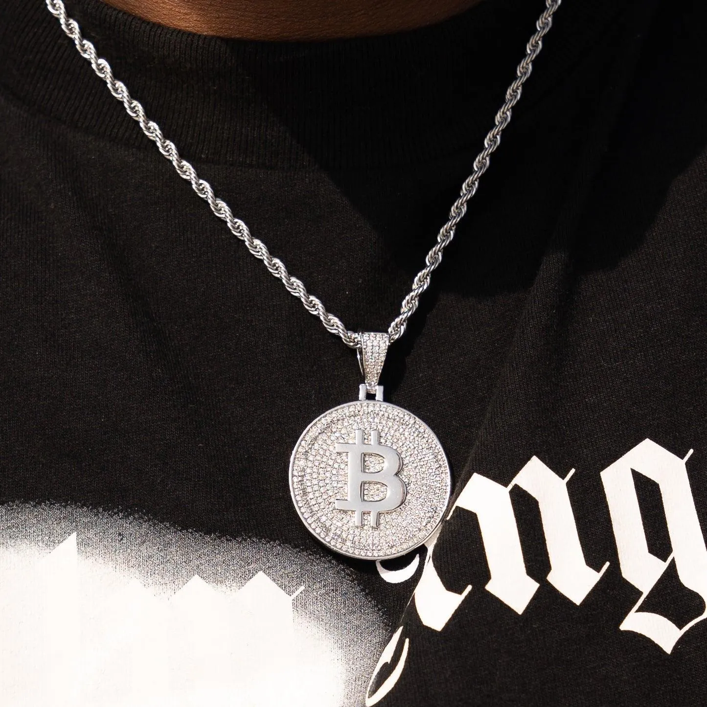 Iced Bitcoin Pendant - White Gold