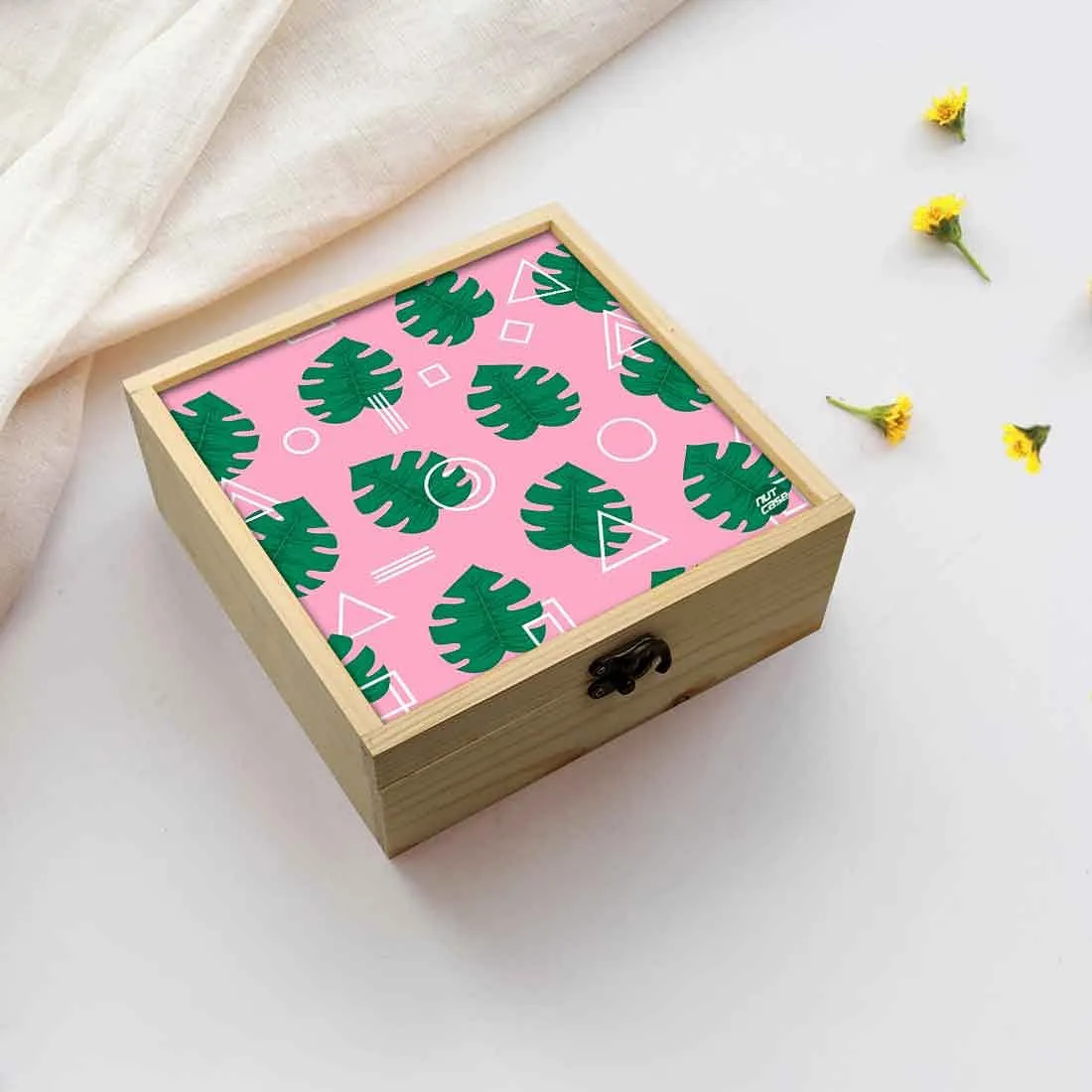 Jewellery Box Makepup Organizer -  Green Monstera Hipster Pink