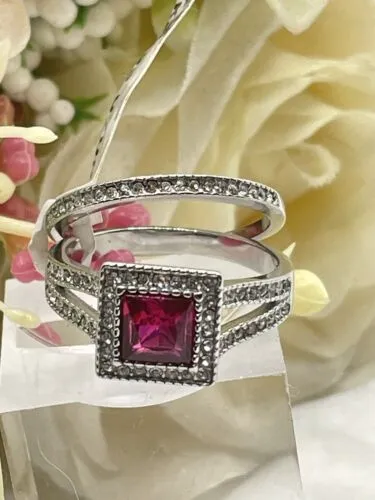 Jewellery Kingdom Ladies Ruby Princess Cut Engagement Wedding Band Stainless Steel Ring Set