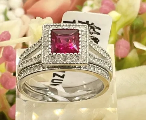 Jewellery Kingdom Ladies Ruby Princess Cut Engagement Wedding Band Stainless Steel Ring Set