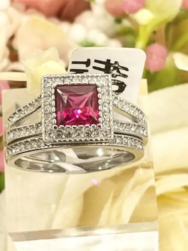 Jewellery Kingdom Ladies Ruby Princess Cut Engagement Wedding Band Stainless Steel Ring Set