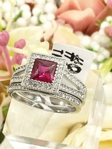 Jewellery Kingdom Ladies Ruby Princess Cut Engagement Wedding Band Stainless Steel Ring Set