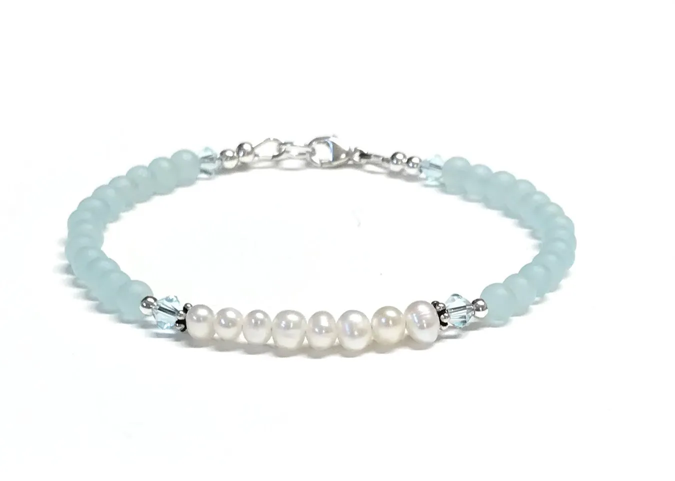 Light Aqua and Pearl Bracelet - Minimalist Jewelry - Sterling Silver