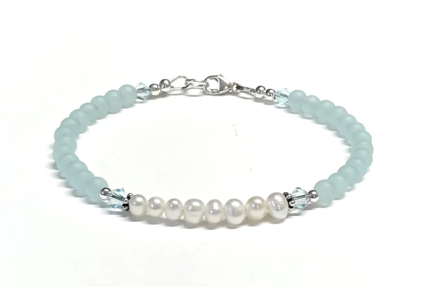 Light Aqua and Pearl Bracelet - Minimalist Jewelry - Sterling Silver