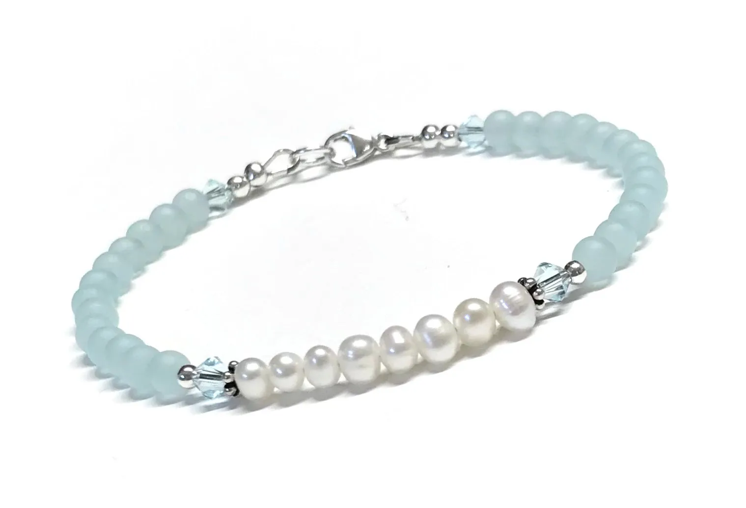 Light Aqua and Pearl Bracelet - Minimalist Jewelry - Sterling Silver