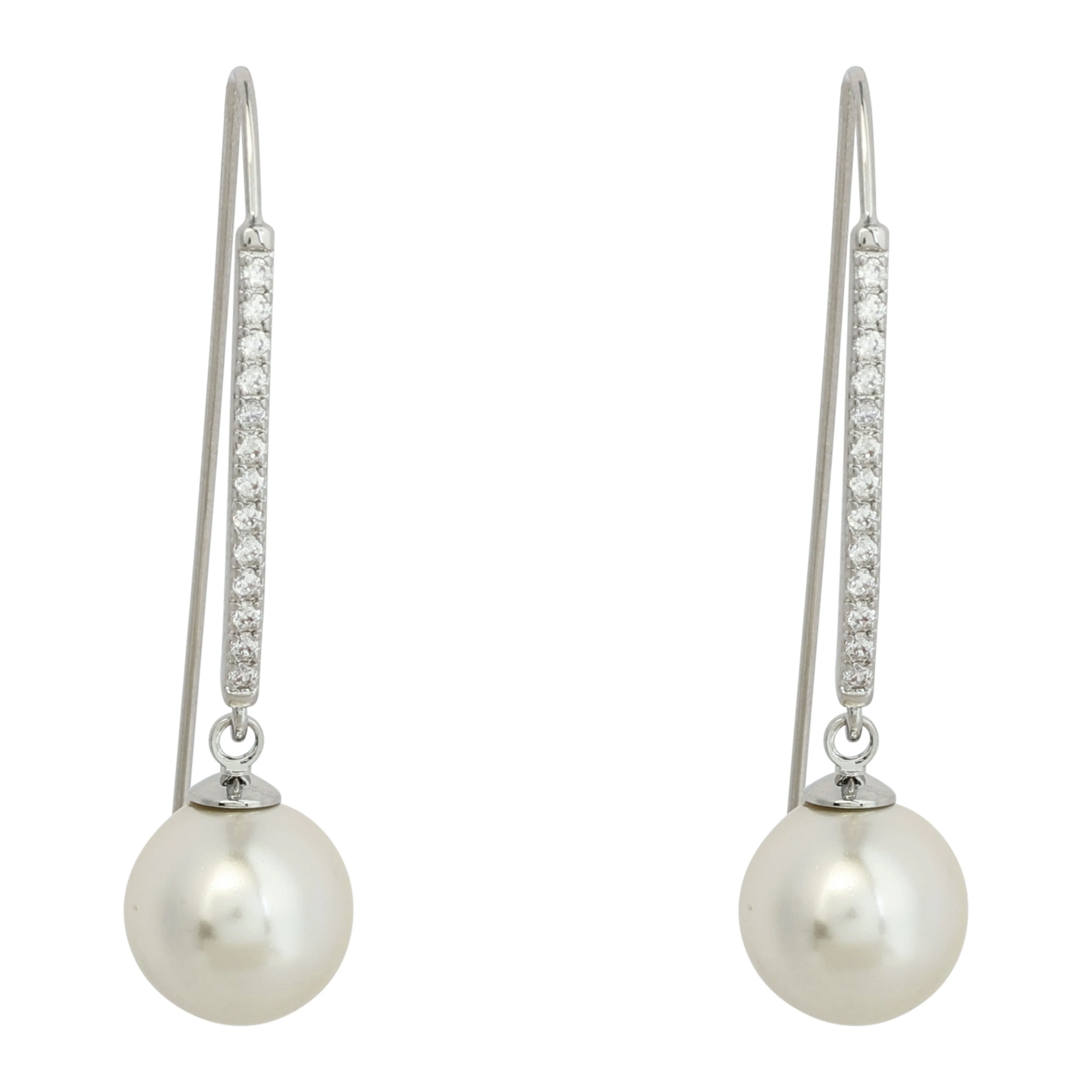 LONG CRYSTAL SILVER PEARL DROP EARRINGS