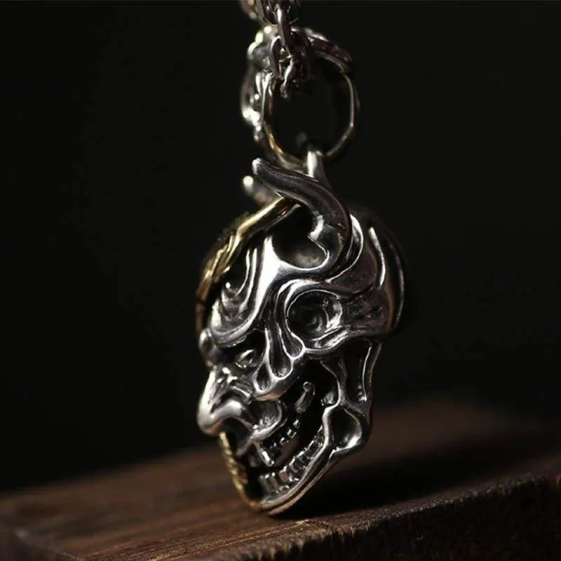 Luxury Devil Satan Skull Pendant Biker Men Steampunk Necklace Dark World 925 Sterling Silver Gothic Jewelry