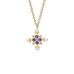 Madrid Large Cross Pendant Yellow Gold - Amethyst & Pearl