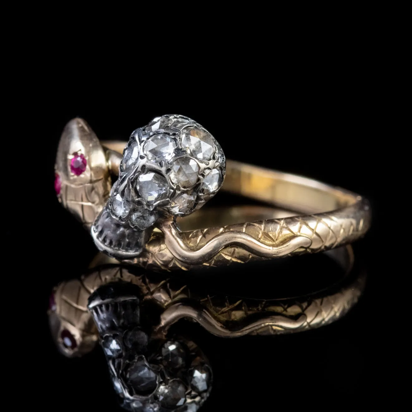 Memento Mori Diamond Skull And Ruby Snake Intertwined Ring