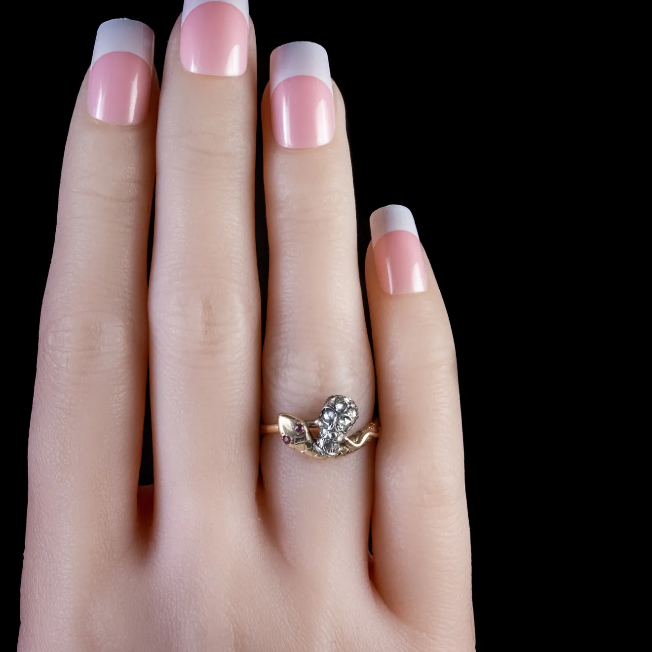 Memento Mori Diamond Skull And Ruby Snake Intertwined Ring