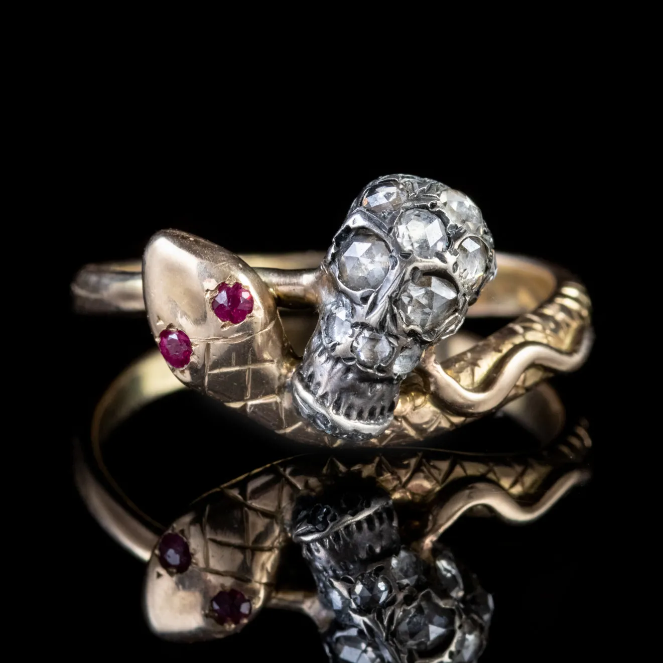 Memento Mori Diamond Skull And Ruby Snake Intertwined Ring