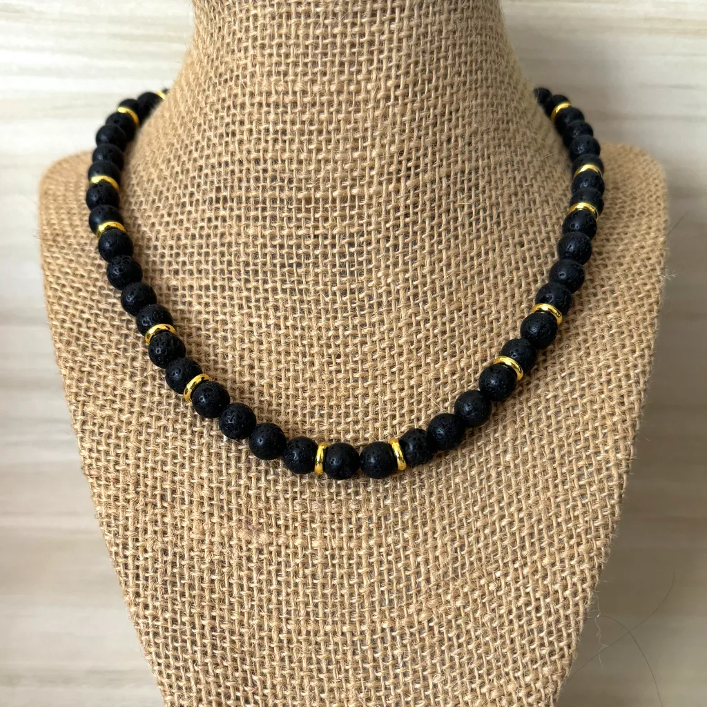 Mens Black Lava and Gold Ring Beaded Necklace