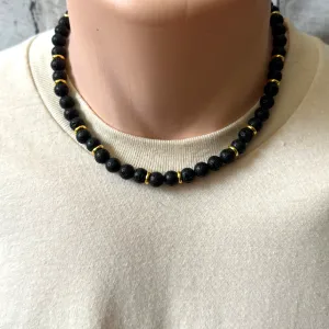 Mens Black Lava and Gold Ring Beaded Necklace