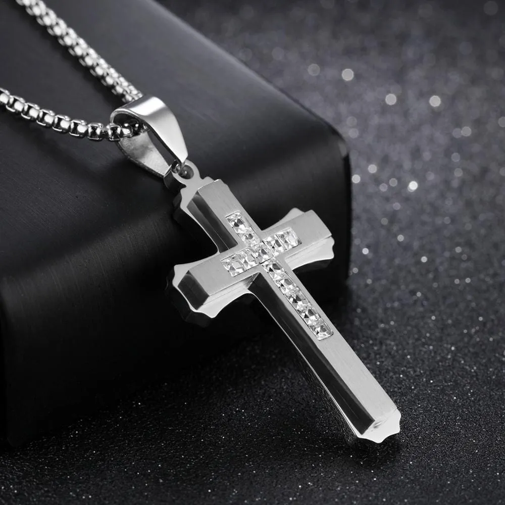 Men's Christian Necklace <br> Silver Diamond