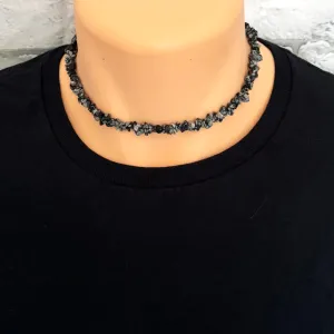 Mens Snowflake Obsidian Chip Beaded Necklace