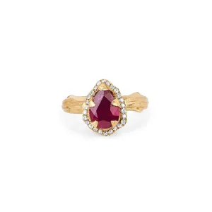 Micro Queen Water Drop Natural Ruby Rose Thorn Ring with Full Pavé Diamond Halo