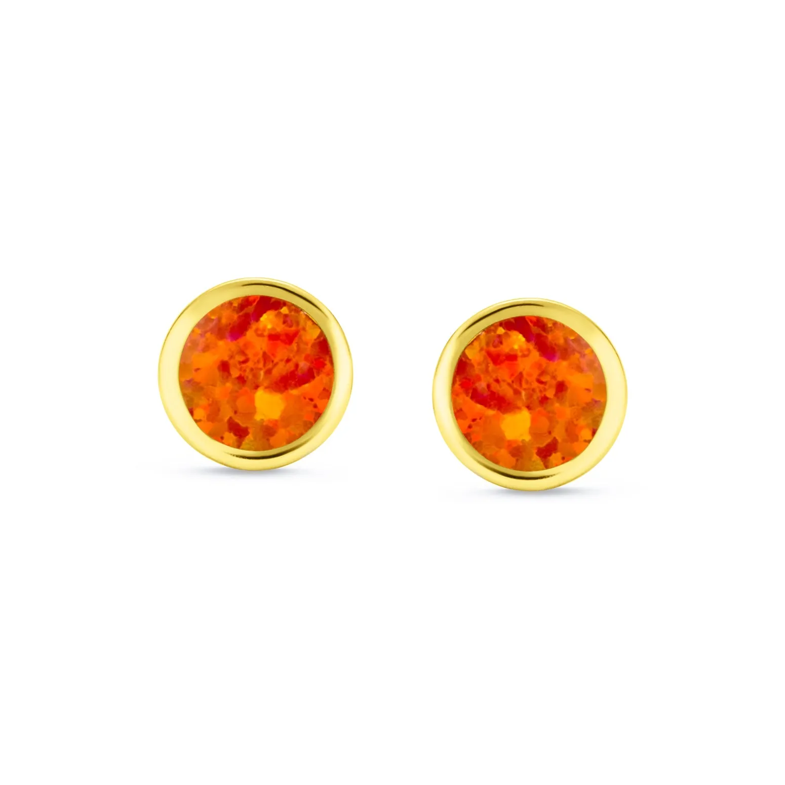 Minimalist Round Orange Fire Opal Stud Earrings, October Birthstone, 14K Gold