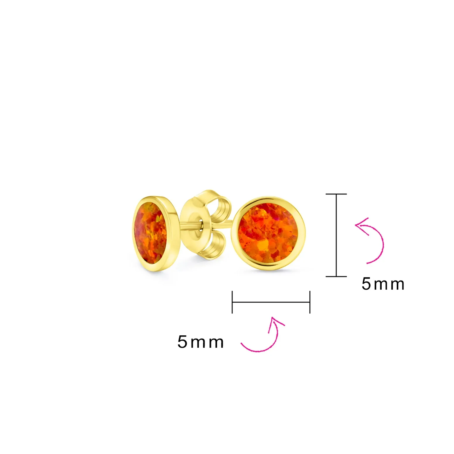 Minimalist Round Orange Fire Opal Stud Earrings, October Birthstone, 14K Gold