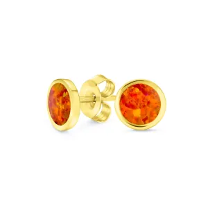 Minimalist Round Orange Fire Opal Stud Earrings, October Birthstone, 14K Gold