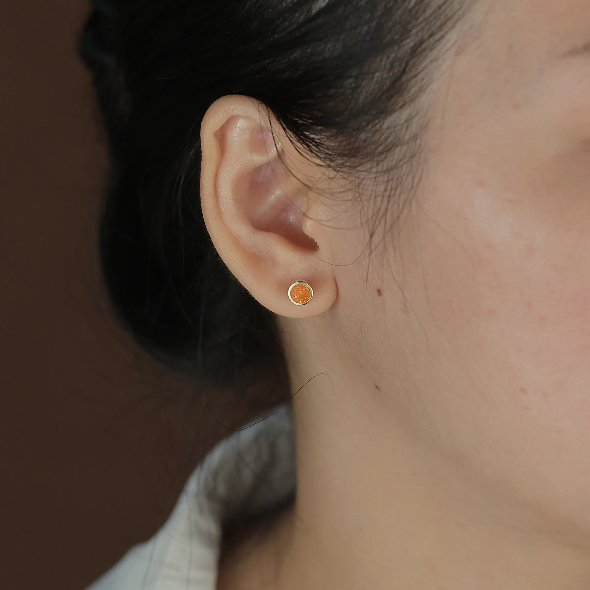 Minimalist Round Orange Fire Opal Stud Earrings, October Birthstone, 14K Gold