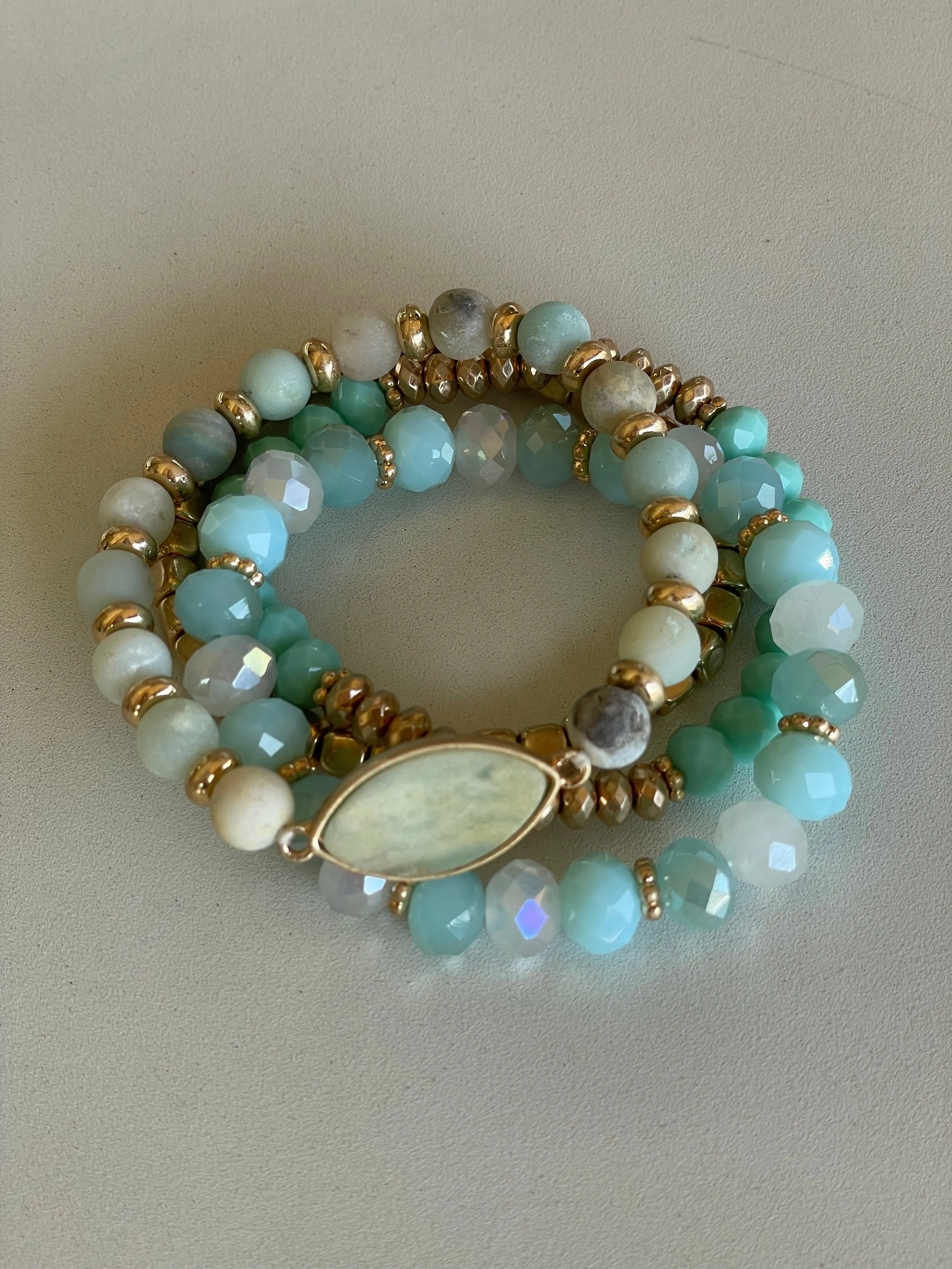 Mint & Gold Glass Beads Set of 4 Stretch Bracelets