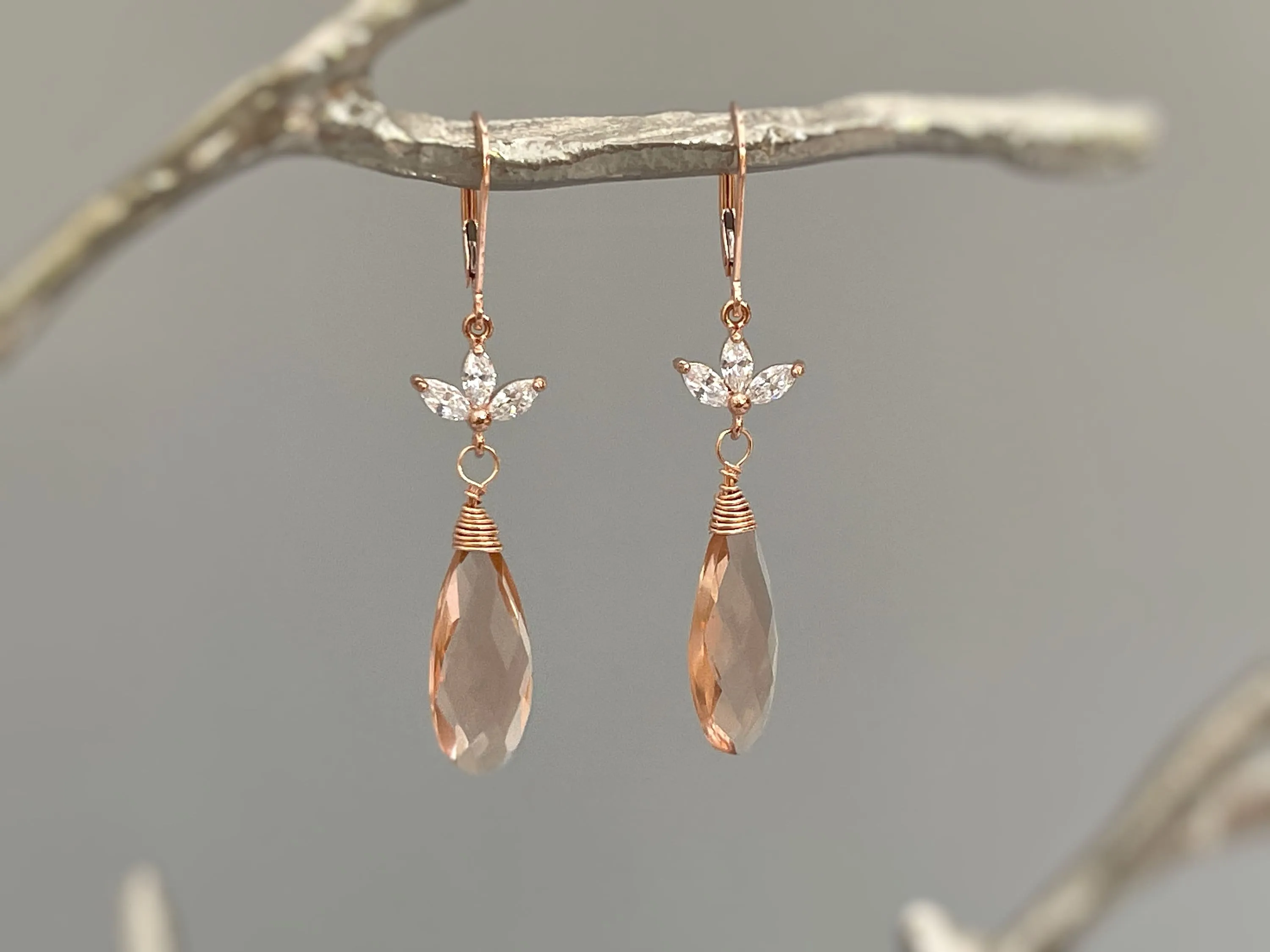 Morganite Rose Gold Earrings dangle pink, peach, champagne quartz