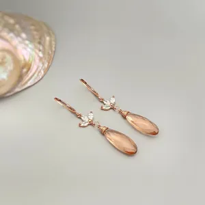 Morganite Rose Gold Earrings dangle pink, peach, champagne quartz