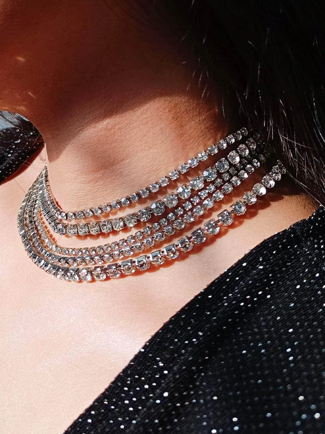 Multilayer Rhinestone Choker Statement Necklace