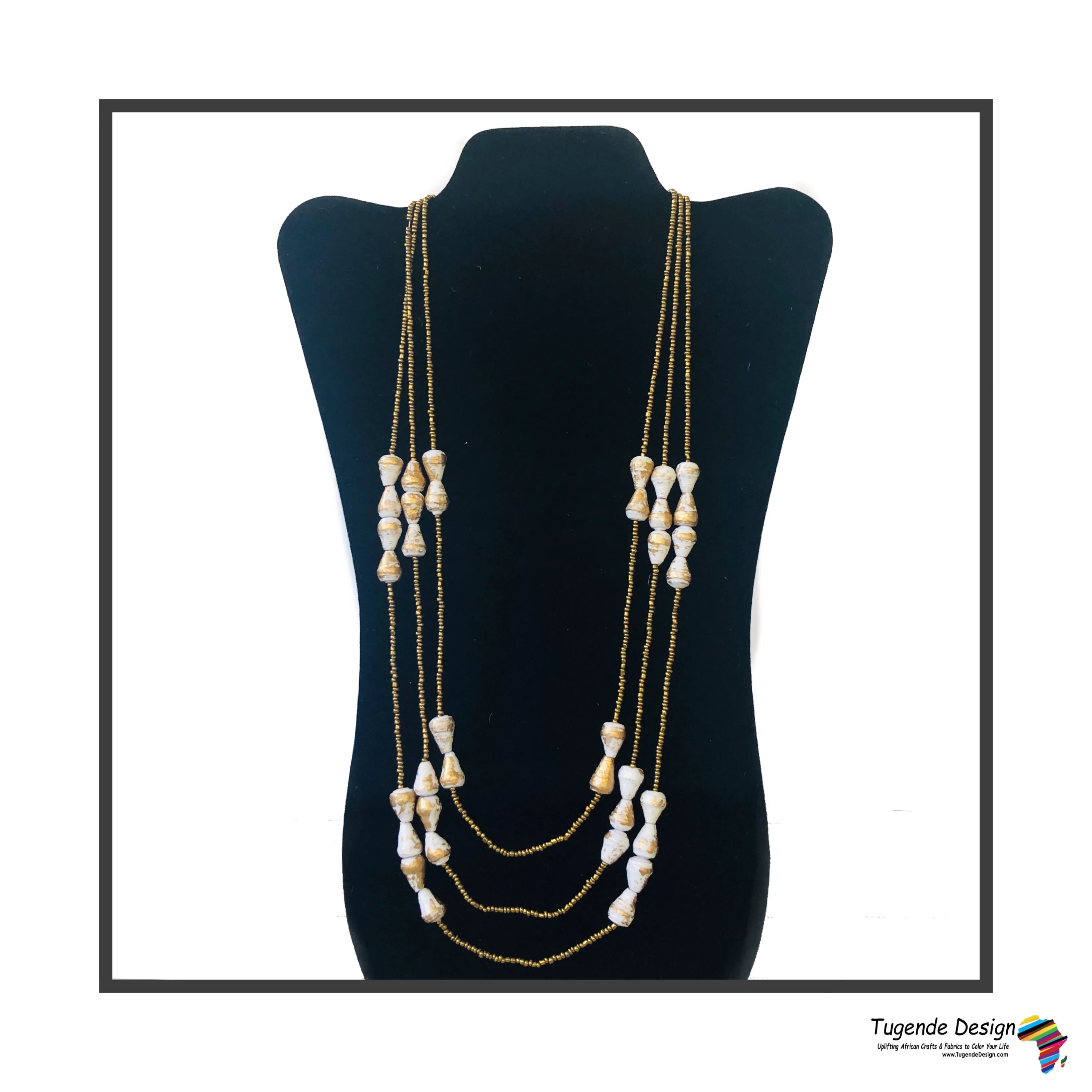 Namirembe Handmade Beaded Multi Strand Necklace with Bling (Gold with Cream or White)