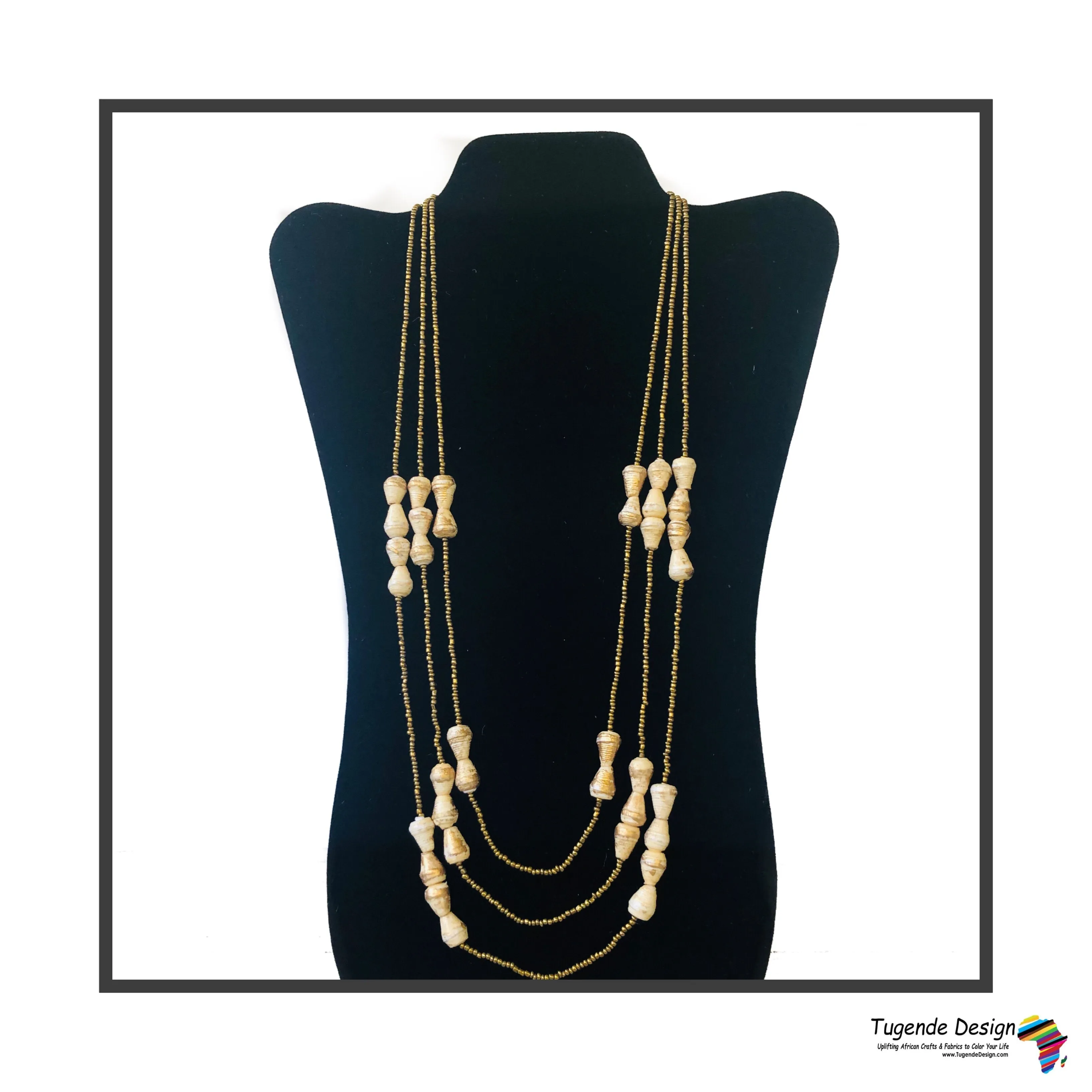 Namirembe Handmade Beaded Multi Strand Necklace with Bling (Gold with Cream or White)