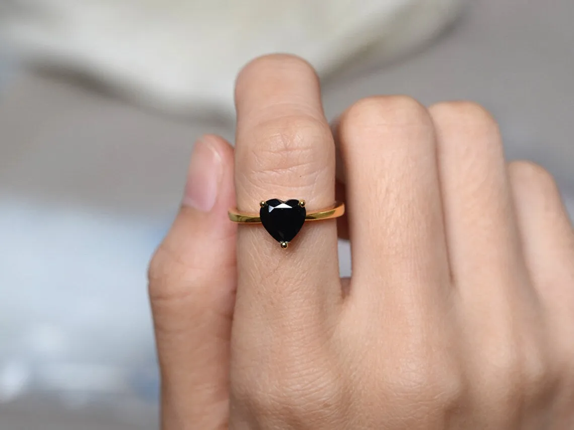 Natural Heart Cut Black Onyx Solitaire Promise Rings For Women - 14k Gold Vermeil Rings