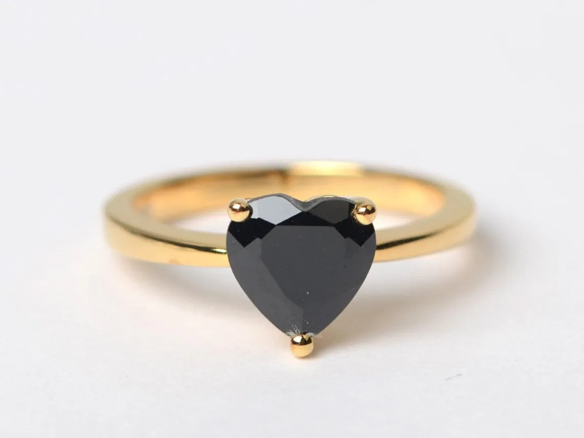 Natural Heart Cut Black Onyx Solitaire Promise Rings For Women - 14k Gold Vermeil Rings