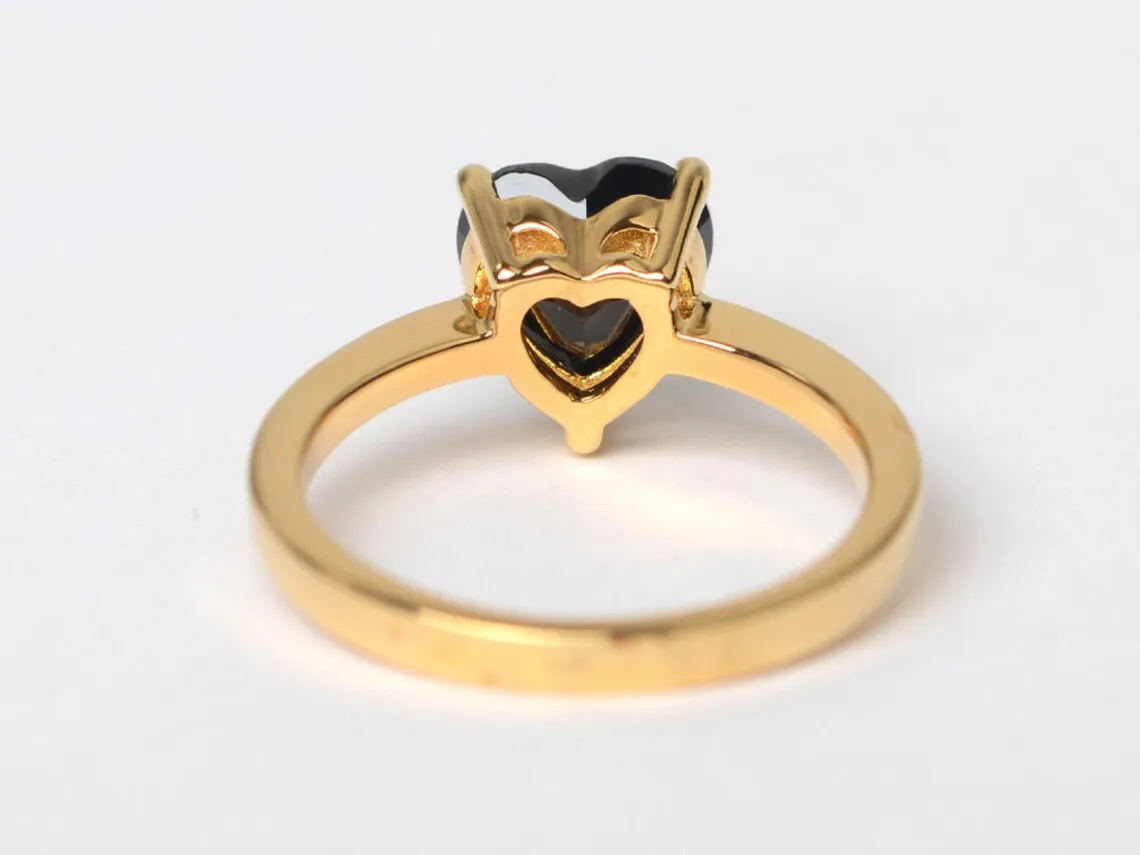 Natural Heart Cut Black Onyx Solitaire Promise Rings For Women - 14k Gold Vermeil Rings